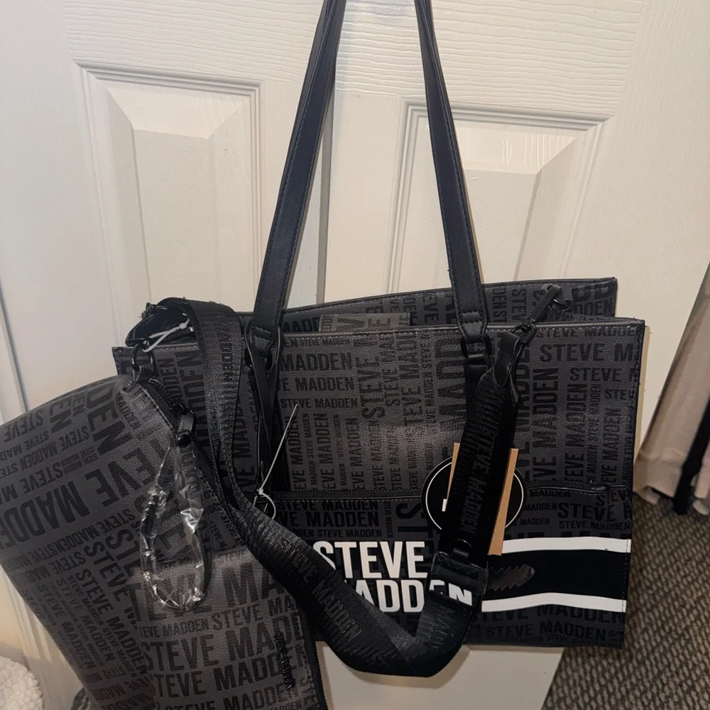 Steve Madden Black and Gray Logo Laptop Bag